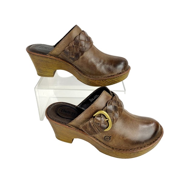 Born Leather Clogs Mules Women's 8M Brown Heeled Slip On Buckle Slides 38.5 - Picture 3 of 8